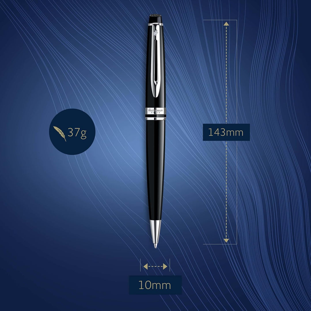 Waterman Expert Kugelschreiber | Hochglänzend Schwarz mit Chromzierteile Mittlere Spitze Blaue Tinte