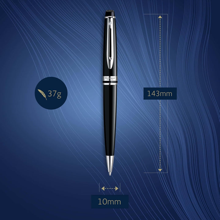 Waterman Expert Kugelschreiber | Hochglänzend Schwarz mit Chromzierteile Mittlere Spitze Blaue Tinte