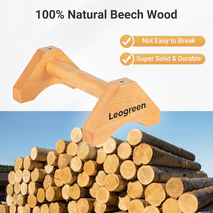 Leogreen Holz Liegestützgriffe, 2 Calisthenics Parallettes mit Antirutschmatte, Antirutschgurten und