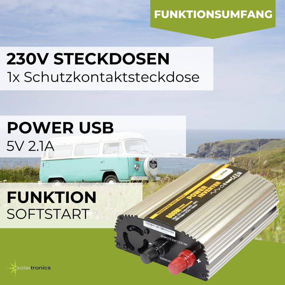 SOLARTRONICS NS600 Spannungswandler 12V 230V modifizierter Sinus 600W/1200W Wechselrichter 12V auf 2