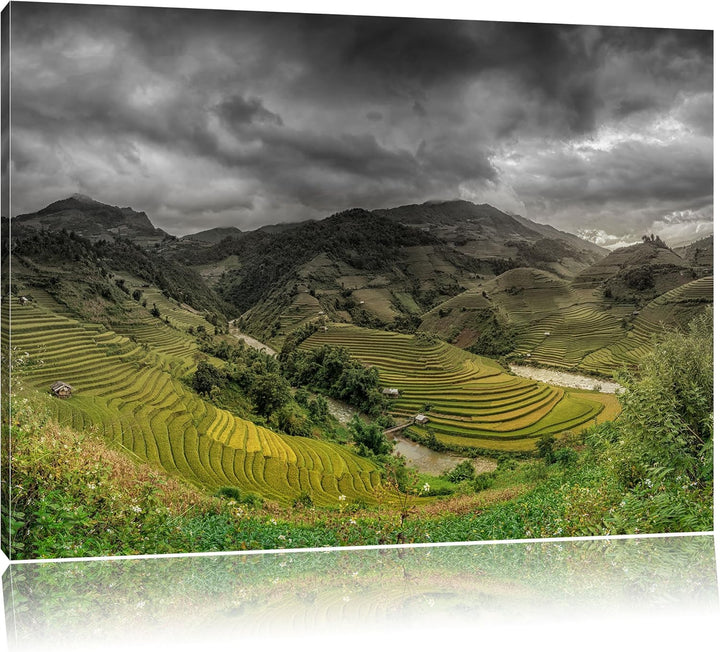 Pixxprint eine Berg Farm in Asien als Leinwandbild/Grösse: 100x70 cm/Wandbild/Kunstdruck/fertig besp