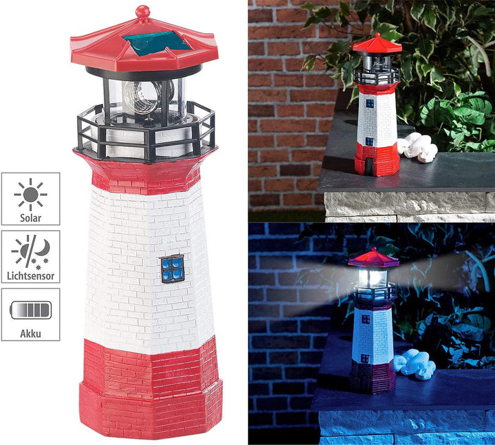 Lunartec Leuchtturm Deko Garten: 2er-Set Solar-Deko-Leuchttürme mit LED-Licht & drehendem Reflektor