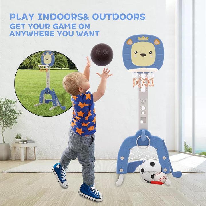 Kinder Basketballkorb 4 in 1 Basketballkorb Indoor Outdoor mit Basketbälle Fussballtor Wurfspiel Gol