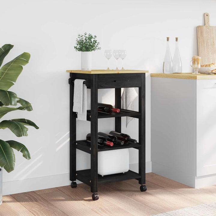 vidaXL Küchentrolley MONZA Schwarz 48 x 40 x 88,5 cm Massivholz Kiefer, Moderner Küchenwagen, erweit
