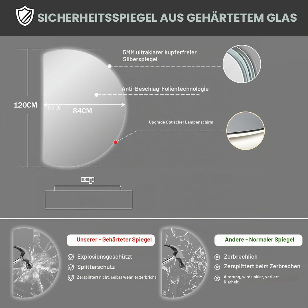 LED Spiegel Bad Gross 120x84cm, Halbrunder Badezimmerspiegel mit Beleuchtung, 3 Lichtfarbe Dimmbar,