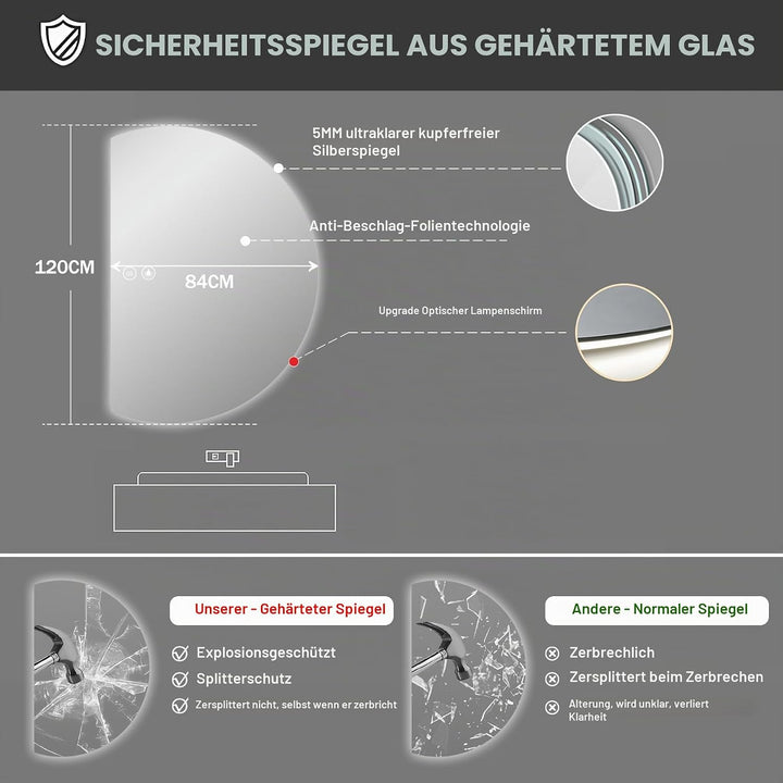 LED Spiegel Bad Gross 120x84cm, Halbrunder Badezimmerspiegel mit Beleuchtung, 3 Lichtfarbe Dimmbar,