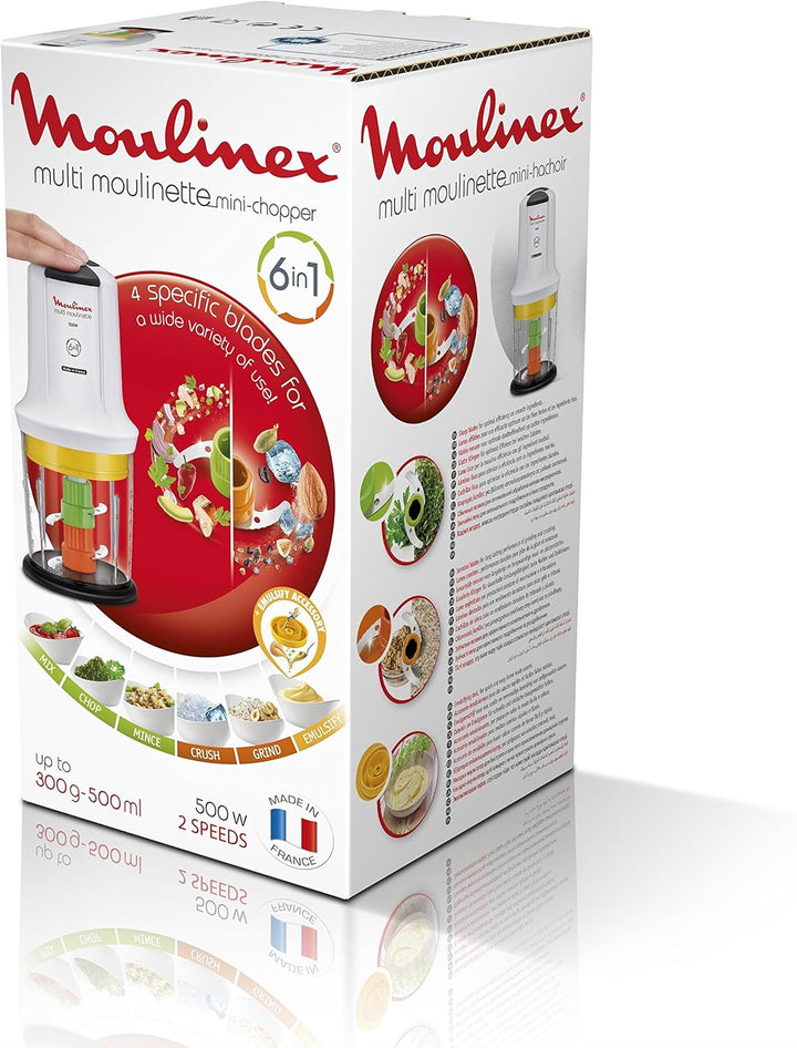 Moulinex AT723110 6-in-1-Multi-Moulinette, 500 W, 0,5 Liter, Kunststoff, 2 Geschwindigkeiten, Weiss