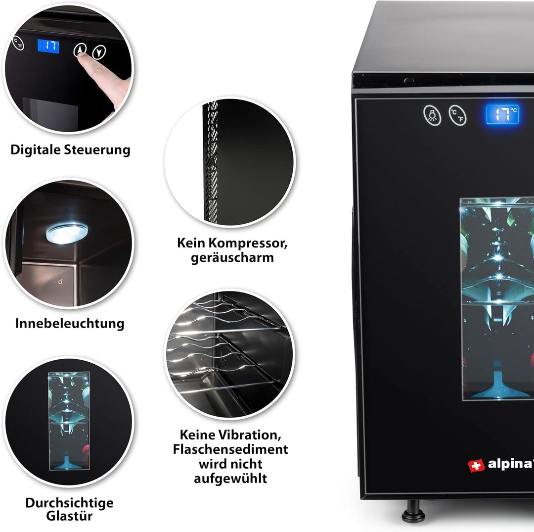 alpina Weinkühlschrank 18L - Weinkühler für 6 Flaschen - Flaschenkühler 230V - Temperatur Regelbar v