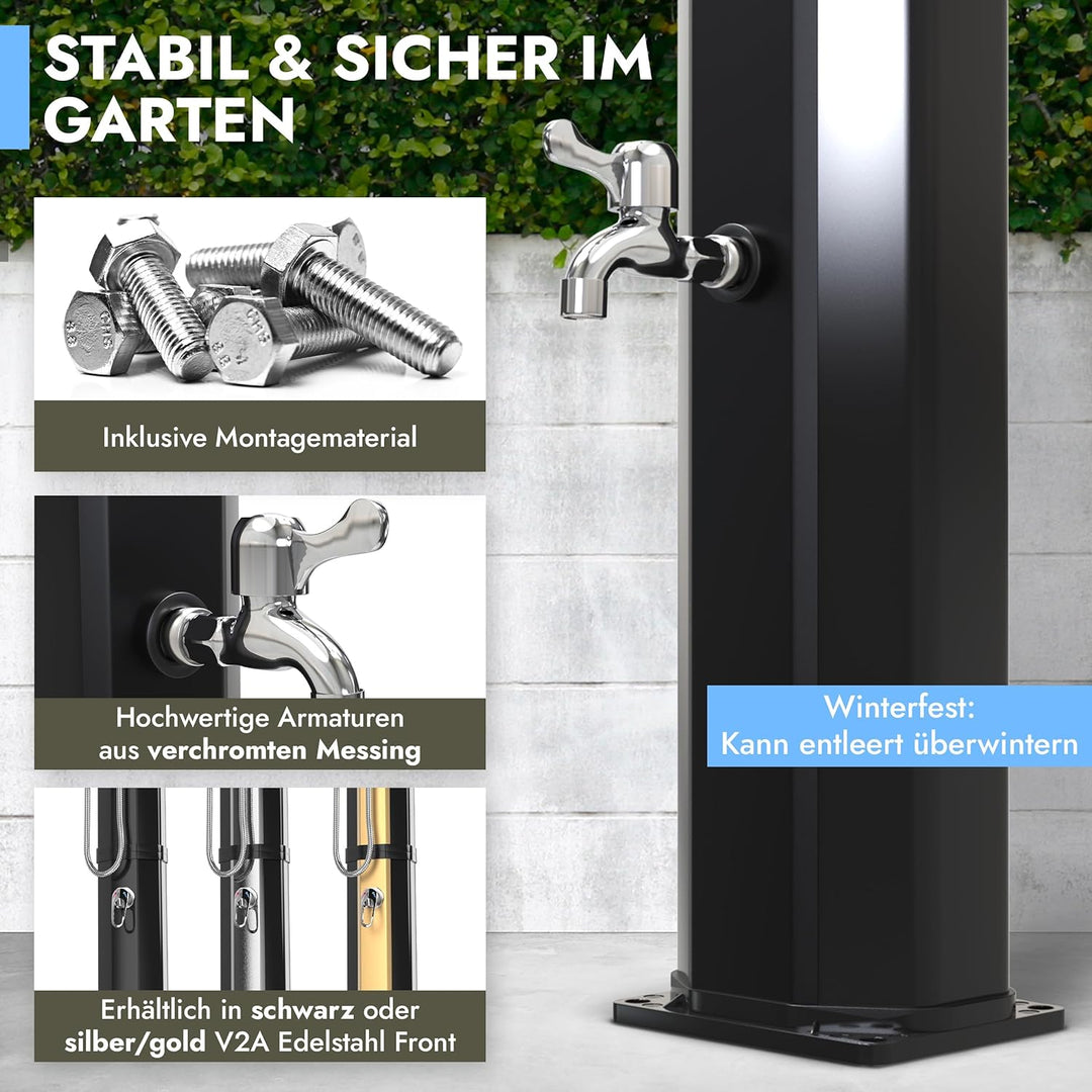 dirks-traumbad Solardusche mit Handbrause Schwarz Gartendusche 35 Liter mit Wasserhahn für Garten Wa