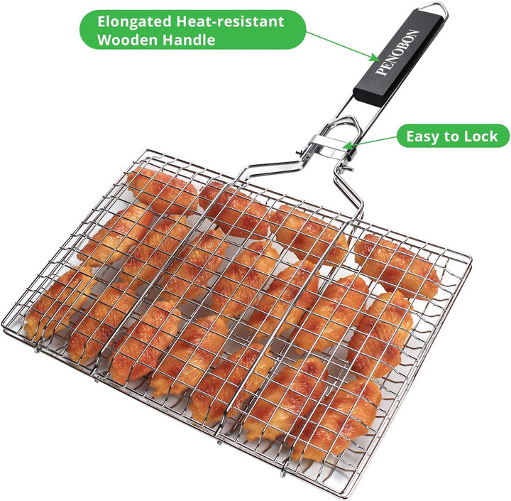 penobon Fisch-Grillkorb, faltbar, tragbarer Edelstahl-Grillkorb für Fischgemüse, Garnelen mit abnehm