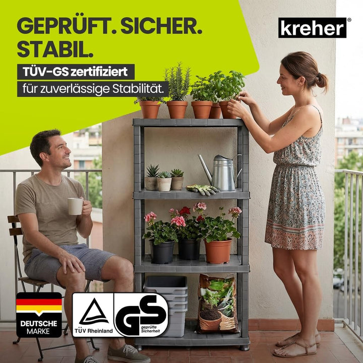 Kreher® Kunststoffregal „Neo“ mit 4 Böden - Steckregal für Haushalt, Keller &amp; Garage - Standregal, L