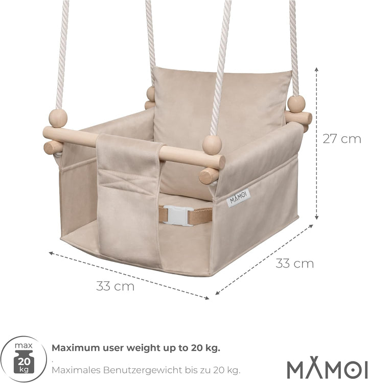 MAMOI® Babyschaukel Kinderschaukel Holz + SICHERHEITSGURT, Schaukel für Kinder Garten Indoor Outdoor
