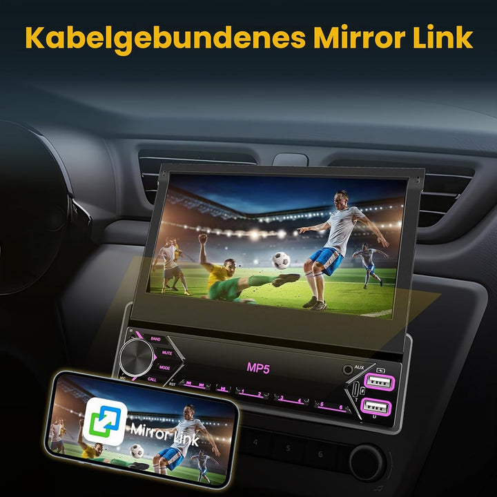 Hikity 1 Din Autoradio mit 7” IPS Manuell Einziehbarer Touchscreen Wired Mirror Link FM Radio mit 2U