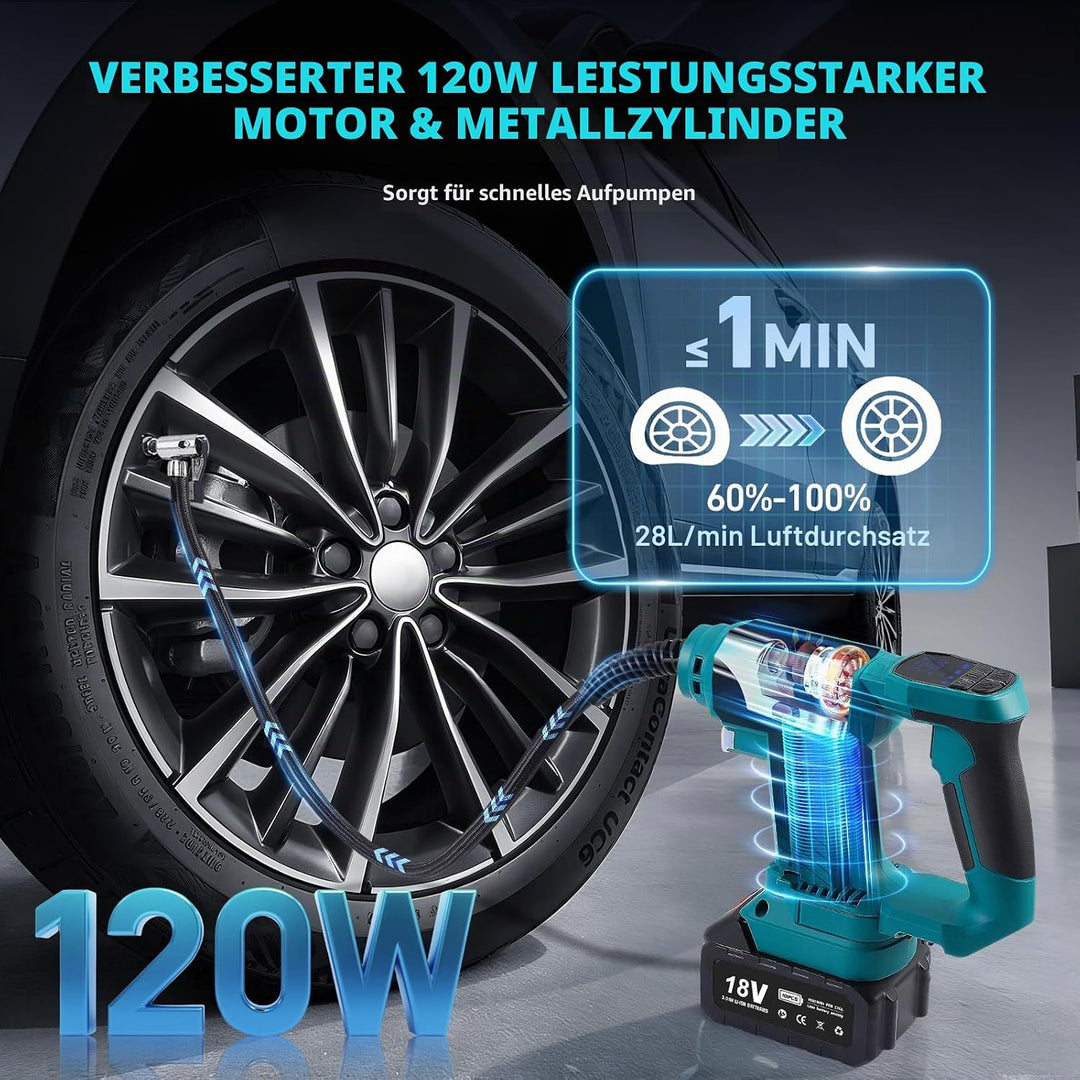 Tragbarer Luftkompressor für Batterien 18 V, max. 11 bar, automatischer Aufblaser mit digitalem Mano