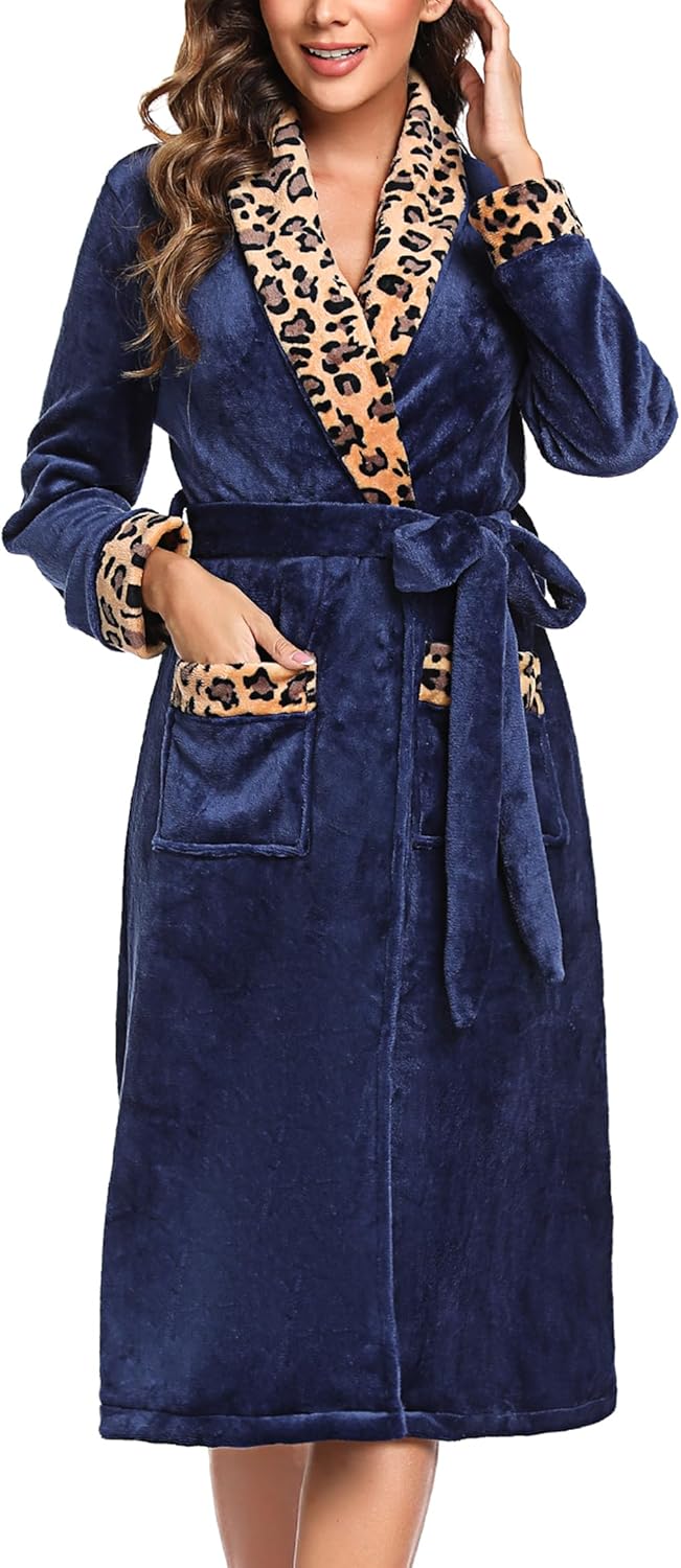 Marvmys Bademantel Damen Langarm Fleece Morgenmantel mit Leopardenmuster Schalkragen Frauen Flanell