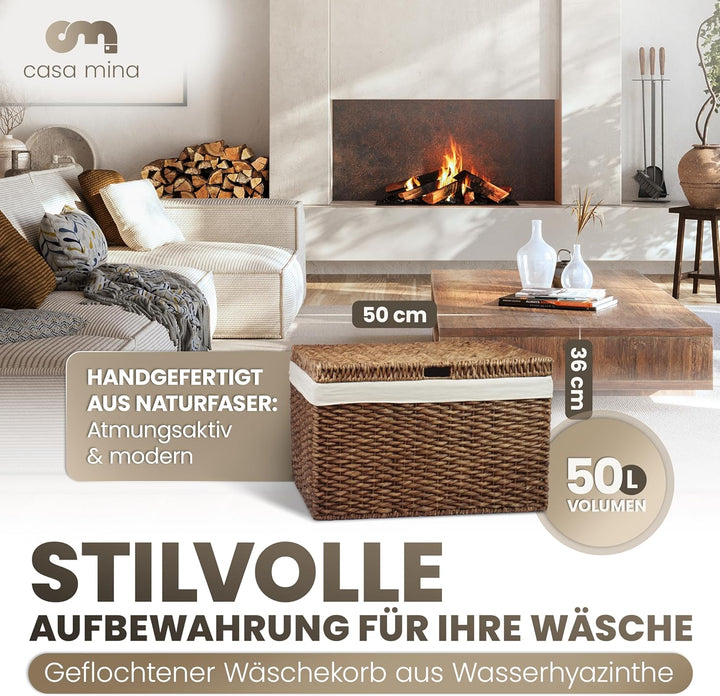 Casa Mina® Wäschetruhe mit Deckel 50 x 30 x 35cm hoch I Atmungsaktive Wäschetruhe geflochten aus 100