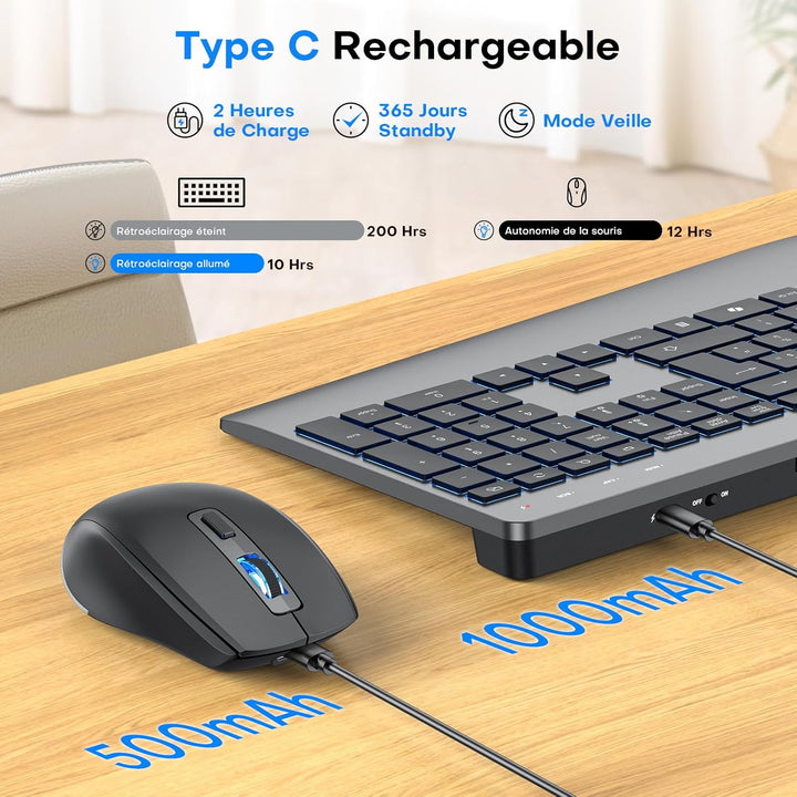OMOTON Tastatur Maus Set Kabellos – 2,4GHz Ergonomische Tastatur (Space Grau Schwarz-AZERTY), Space