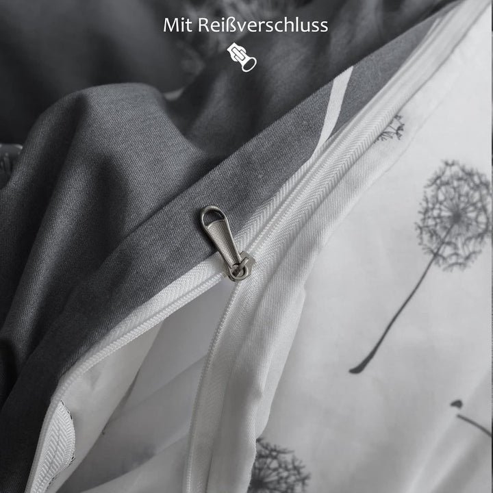 Bettwäsche 135x200 Grau Weiss Wendebettwäsche Pusteblume Muster 100% Baumwolle für Sommer bis Winter