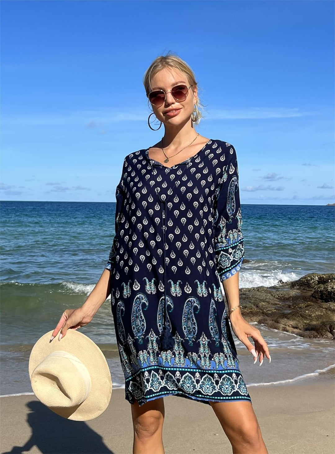 Beyove Damen Bohemian Tunika Kleid Strandkleid Sommerkleider Vintage Strandtunika 3/4-Arm Rundhals K