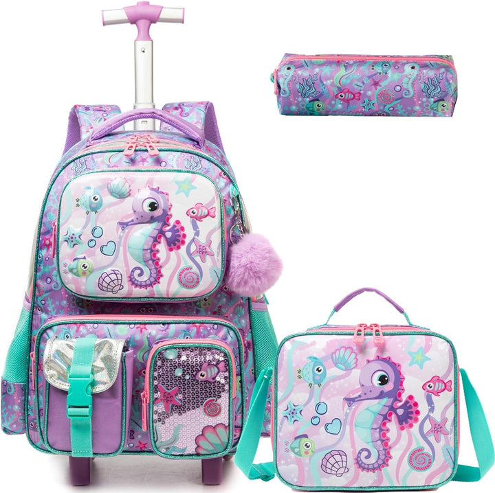 Egchescebo Kinder Rolling Rucksack für Mädchen Seepferdchen Koffer Trolley Roller Gepäck Rucksäcke a