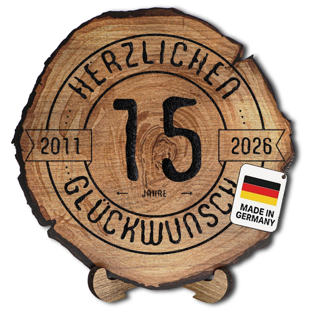 Baumscheibe mit Gravur für 15. Jubiläum – Firmenjubiläum Geschenk aus Holz – Dienstjubiläum Holz Ges