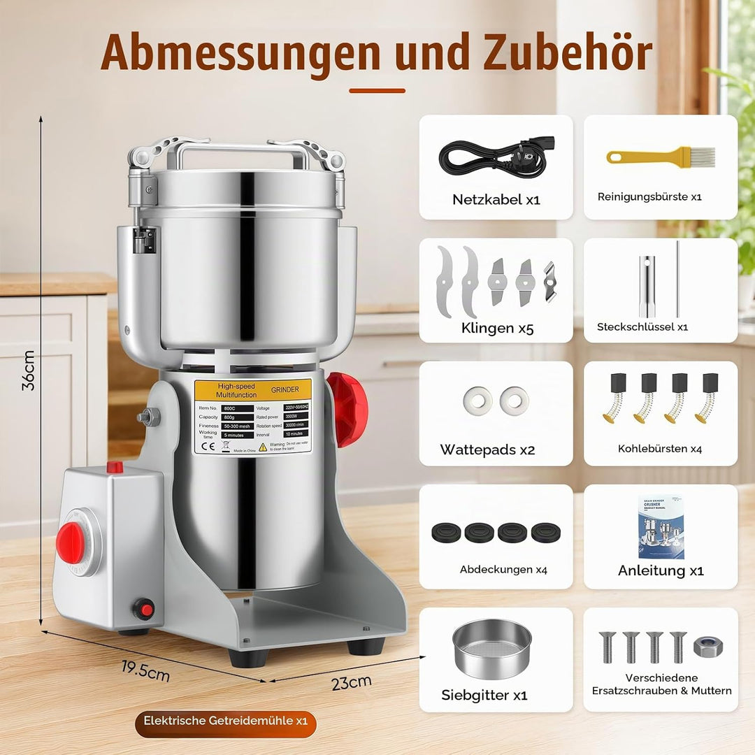 Getreidemühle Elektrisch 800g mit Timer, Überhitzungsschutz, Schwenktyp, 800g