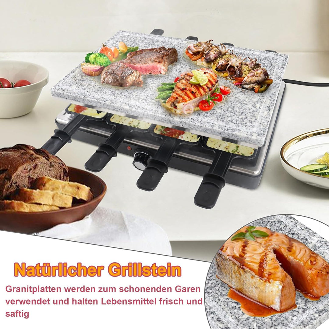 UISEBRT Raclette Grill für 8 Personen,1400W Elektrogrill mit Granitplatte & Grillplatte Antihaftbesc