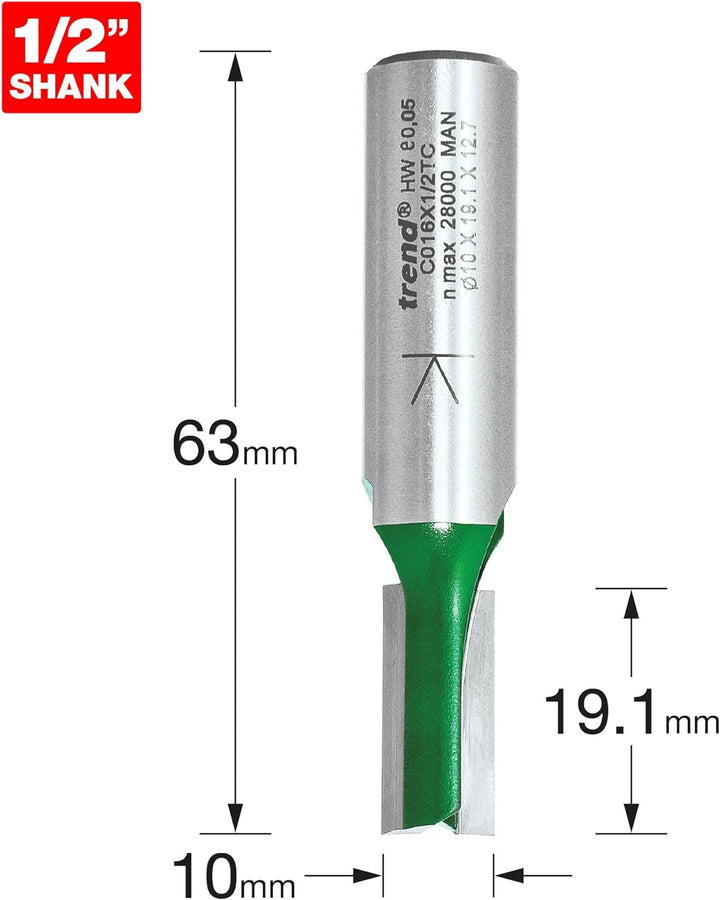 Trend CraftPro C016X1/2TC Fräser-Bit, gerader Zweischneidfräser, 1,27 cm Schaft, 10 mm Schnittdurchm