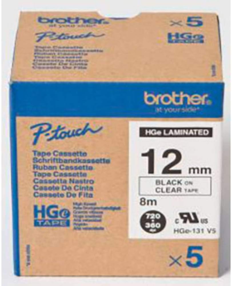 Brother HGe-131V5 Beschriftungsbandkassette, Vorteilspack, schwarz auf klar, 12 mm (B) x 8 m (L), la