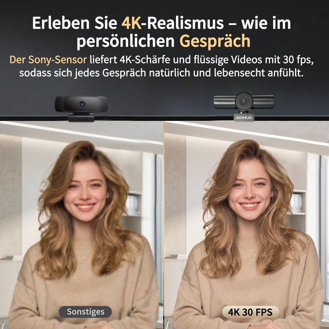 AIRHUG 4K 30fps Webcam-Sony 16MP Sensor,PDAF Autofokus,Auto-Lichtkorrektur,Zwei omnidirektionale Mik