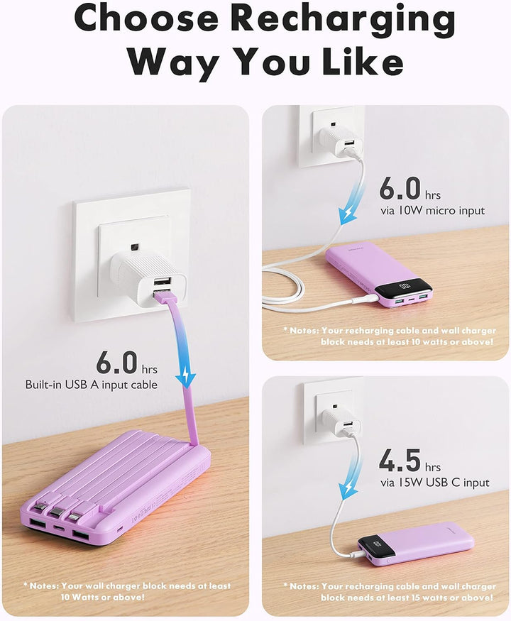 Charmast Externer Akku, 10.000 mAh, mit 4 integrierten Kabeln, tragbarer Akku, USB C, dünn, Powerban