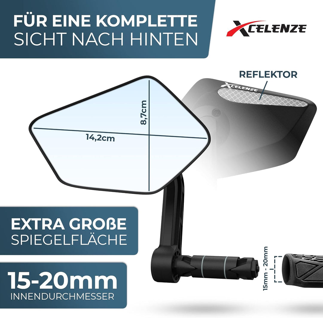 Xcelenze - Fahrradspiegel extra grosse Spiegelfläche |schlagfestes Echtglas| für Lenker ebike | Rück