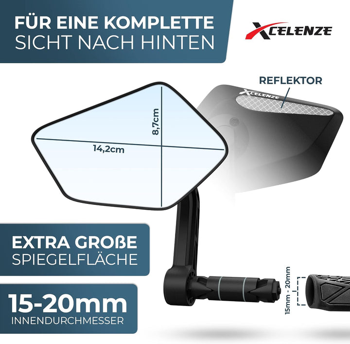 Xcelenze - Fahrradspiegel extra grosse Spiegelfläche |schlagfestes Echtglas| für Lenker ebike | Rück