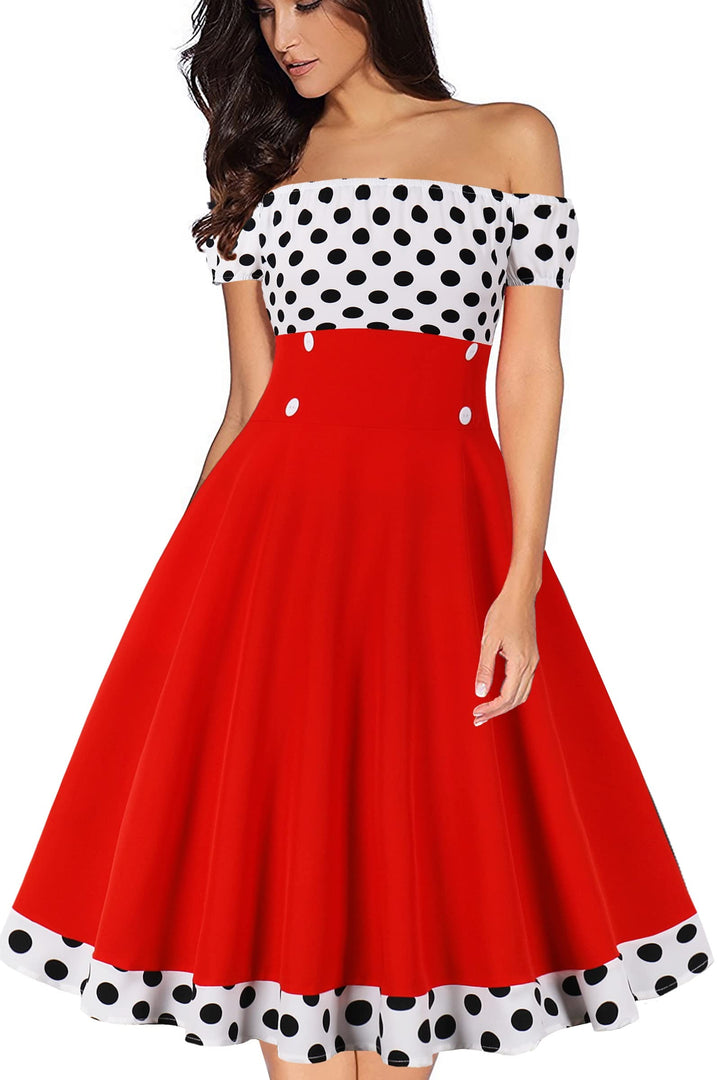 AXOE Damen Schulterfrei Kleid 50er Jahre Kleid Cocktailkleid mit Polka Dots Knielang S Rot/Weiss, S