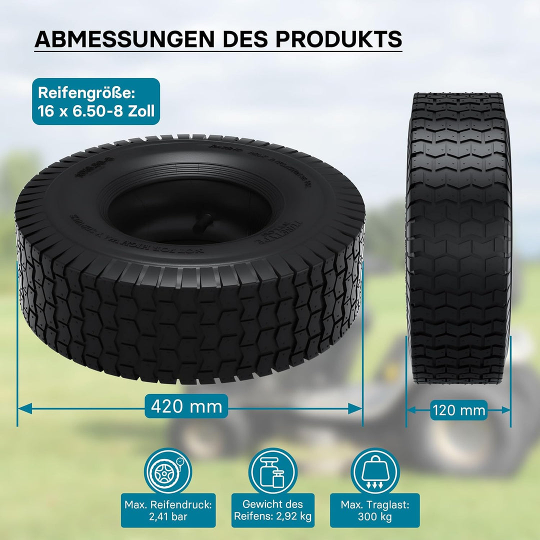 Wiltec Reifen für den Aufsitzmäher 16x6.50-8 4pr mit Schlauch und geradem Ventil Komplettrad Rasentr