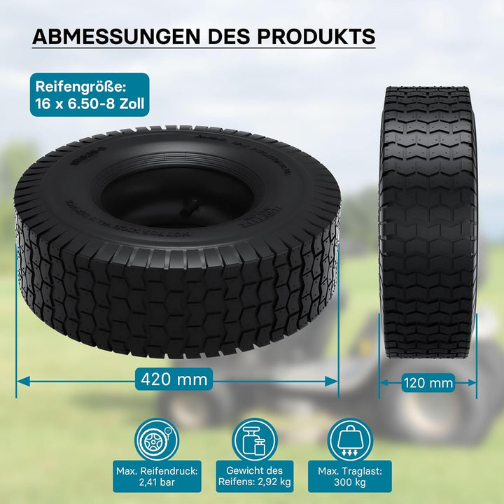 Wiltec Reifen für den Aufsitzmäher 16x6.50-8 4pr mit Schlauch und geradem Ventil Komplettrad Rasentr