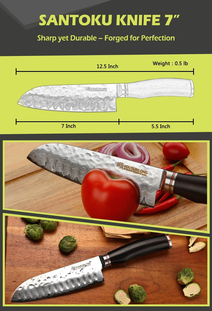 YOUSUNLONG Santoku Messer 7 Zoll (17.8cm) Kochmesser Japanischer gehämmerter Damaststahl Holzgriff a