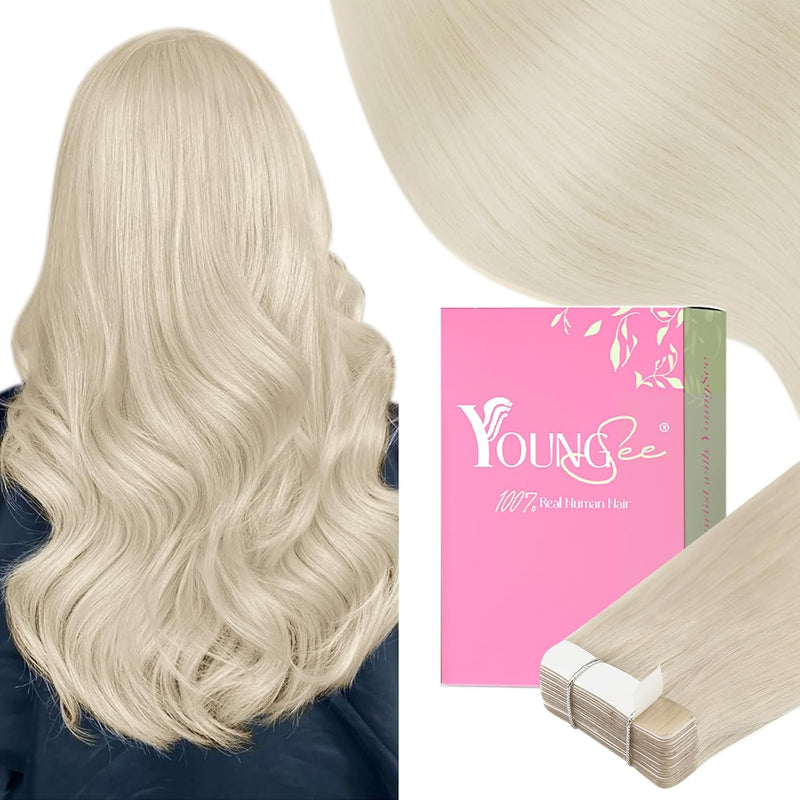 YoungSee Tape in Extensions Platinblond Tape Extensions Echthaar Blond 60cm Tape Echthaar Extensions
