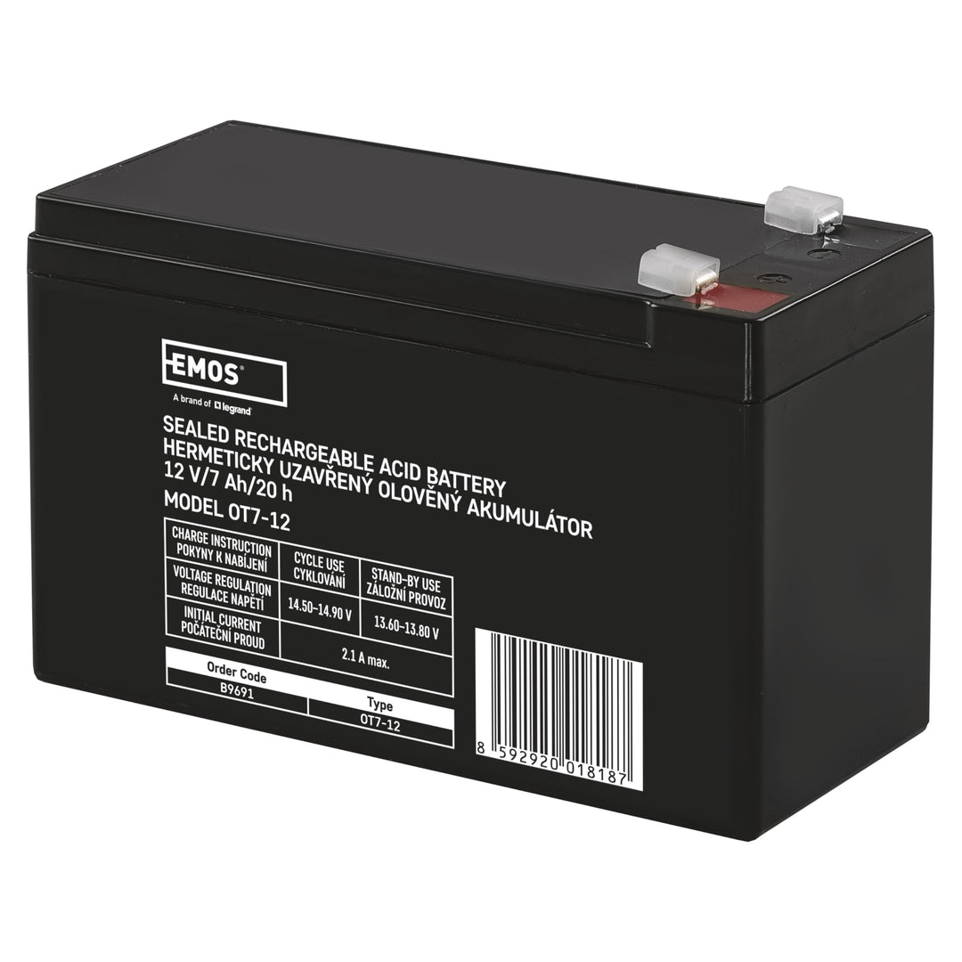 EMOS - Wartungsfreier Bleiakku - 12V 7Ah - AGM Batterie - Faston 4,7mm Anschluss - Für Gefahrmeldean