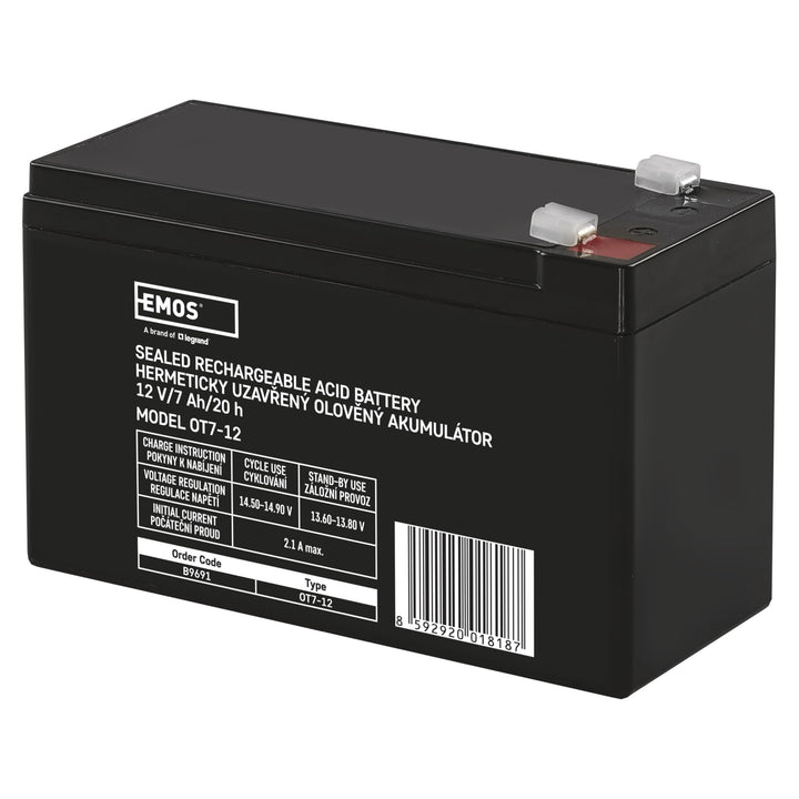EMOS - Wartungsfreier Bleiakku - 12V 7Ah - AGM Batterie - Faston 4,7mm Anschluss - Für Gefahrmeldean