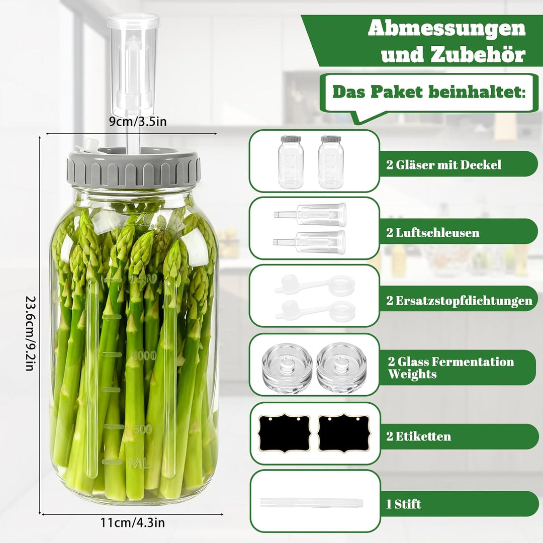 2 Stück Fermentierglas,2L Breiter Mund Fermentiergläser, Fermentiergläser mit Luftschlössern& Gewich
