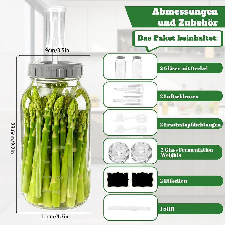 2 Stück Fermentierglas,2L Breiter Mund Fermentiergläser, Fermentiergläser mit Luftschlössern& Gewich