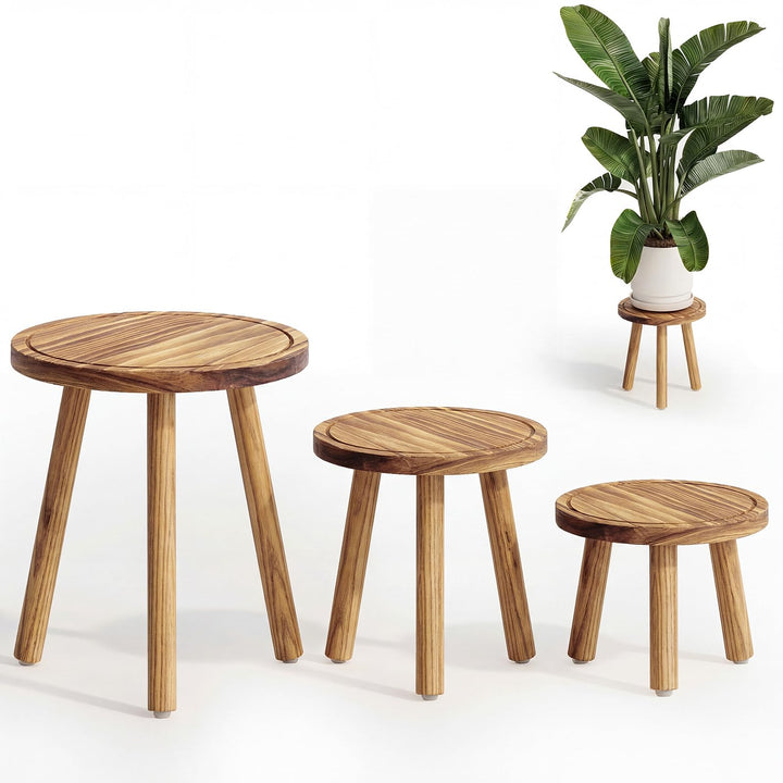 Bamworld Pflanzenhocker aus Holz im 3er-Set – Naturfarbene Blumenständer in 3 Grössen – Dekorativer
