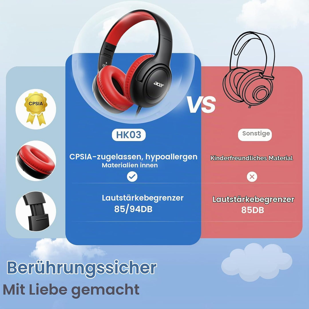 Kinderkopfhörer mit Kabel für Schule und Freizeit–Over Ear Kopfhörer mit 85/94 dB Lautstärkebegrenze