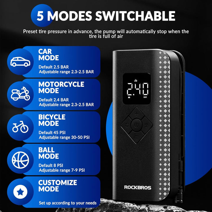 ROCKBROS Luftpumpe Elektrische Fahrradpumpe Mini Kompressor 7-150PSI 2000mAh 5 Modi Tragbare Kompati