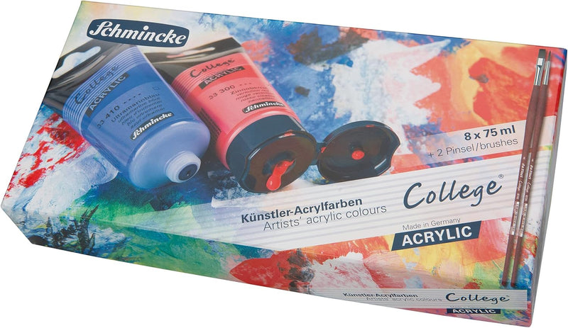 Schmincke - College® Acrylic, Acrylfarbenset mit 8 x 75 ml Tuben, 83 711 097, 2 da Vinci Pinsel, Acr