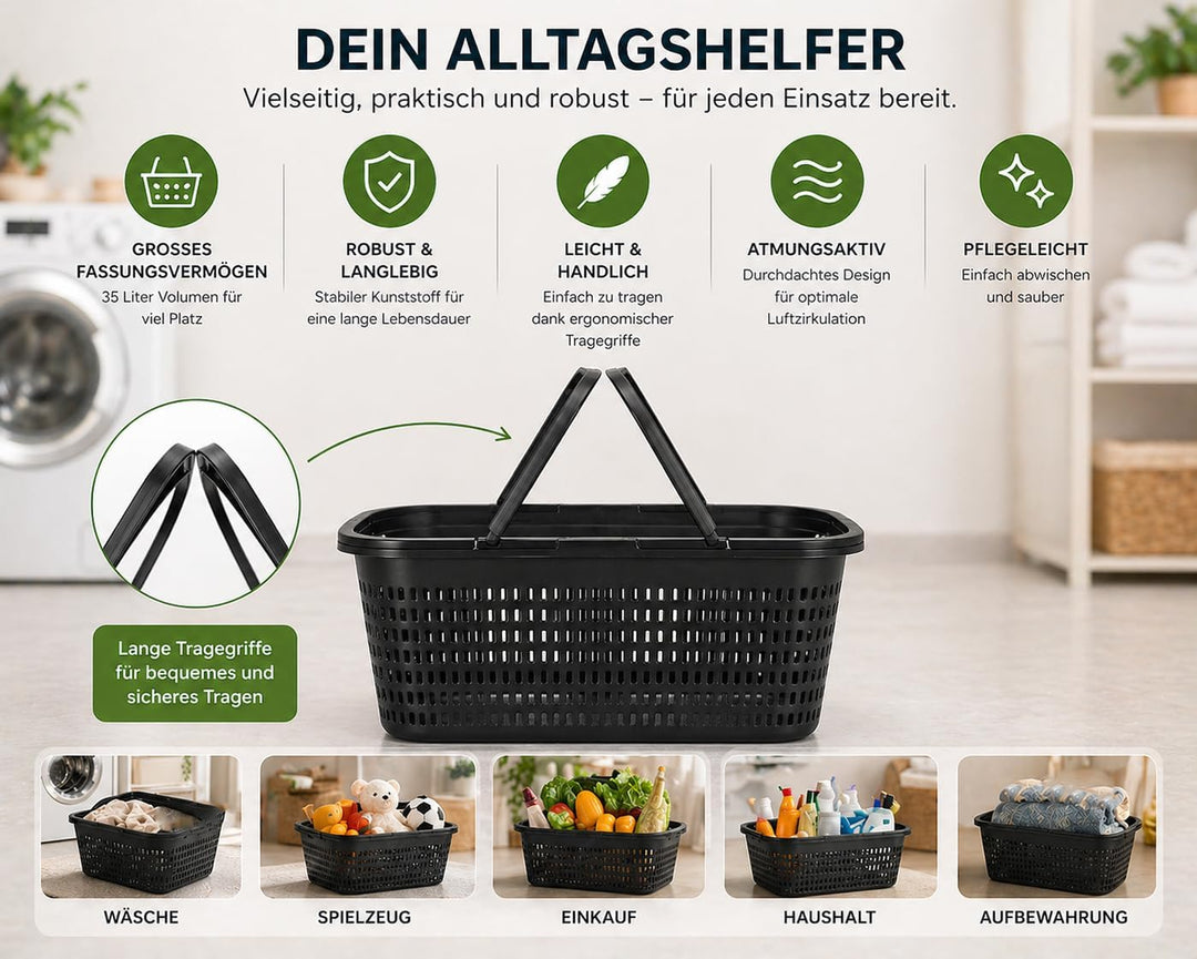 HRB Wäschekorb 35L mit Henkel – Stabiler Kunststoff Wäschekorb Anthrazit – Leicht &amp; Robust, Luftdurc