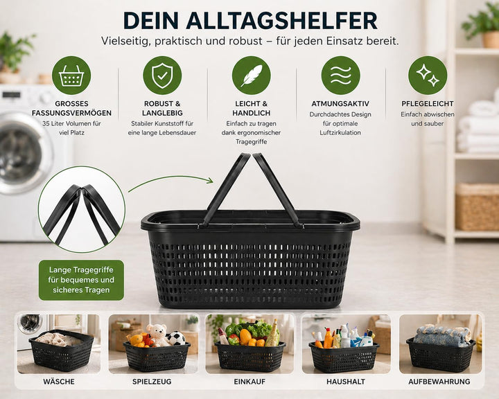 HRB Wäschekorb 35L mit Henkel – Stabiler Kunststoff Wäschekorb Anthrazit – Leicht &amp; Robust, Luftdurc