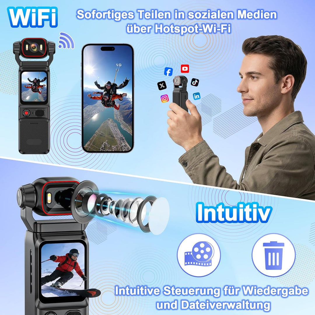 Action Cam 4K, 6-Achsen-Stabilisierung Videokamera Vlog, Live-View-Display Vlog Kamera WLAN, 160° We