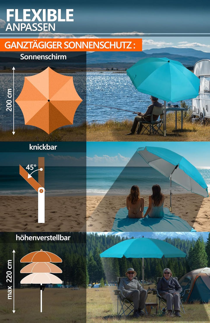 4smile Sonnenschirm Strand Ø 200 cm, 3-in-1 SET mit Rasendorn, Türkis | Strandschirm windfest stabil
